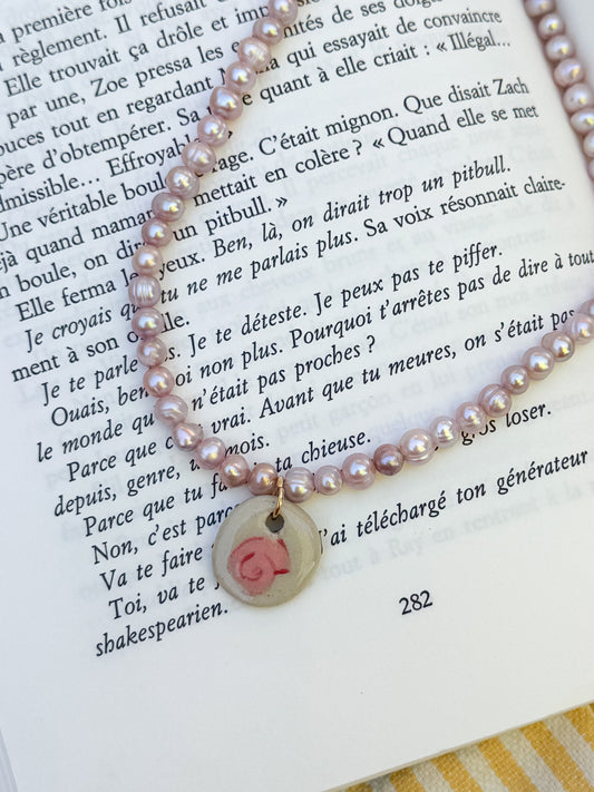 Collier perle d’eau & pendentif en céramique